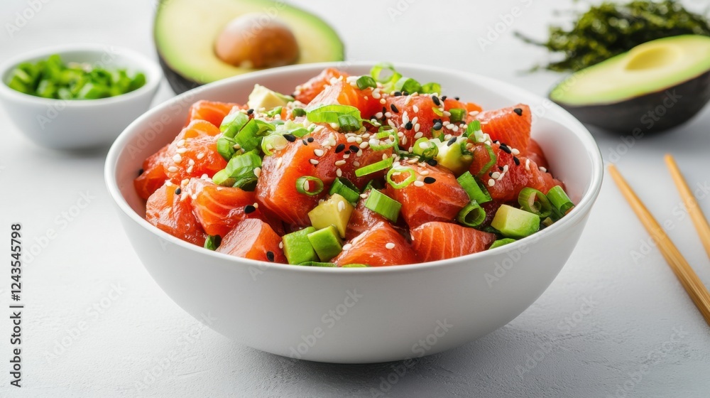 Fresh Salmon Poke Bowl with Avocado and Green Onions in White Bowl on Light Background Fresh Salmon Poke Bowl with Avocado and Green Onions in White Bowl on Light Background