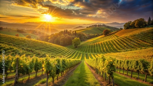Wallpaper Mural Golden sunlight filters through vines in rolling hills of a European vineyard at sunset , countryside Torontodigital.ca