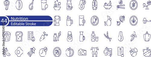 Nutrition editable stroke outline Icons set. Vitamins, calories, nutrition, fruits, vegetables, water, obesity, fiber, protein, sugar free, meal plan and carbohydrate and more.