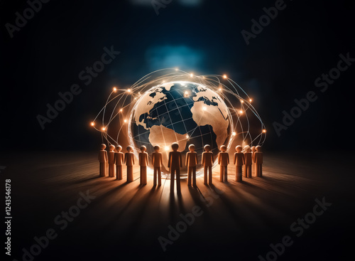 A glowing earth globe is encircled by a luminous network, with a group of people standing around it in a circle, representing worldwide connection and collaboration. photo