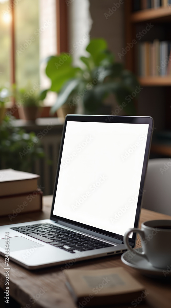 Laptop with a Blank Screen on a Rustic Wooden Table Surrounded by Books and Coffee A Laptop with a Blank Screen on a Rustic Wooden Table Surrounded by Books and Coffee A