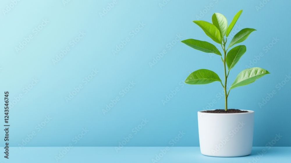 Green Plant in White Pot Against Light Blue Background for Nature and Home Decor Concepts