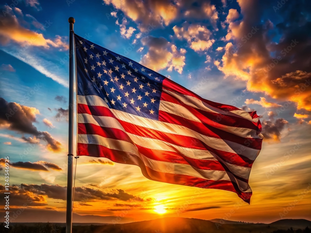 Obraz premium Majestic American Flag Silhouette, Waving Proudly in Wind