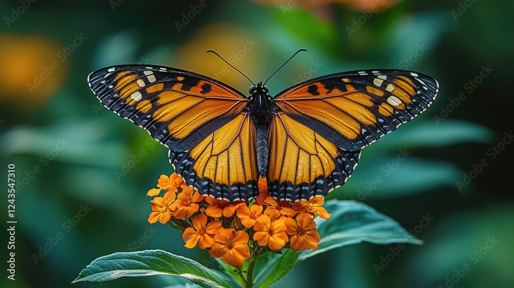 Fototapeta premium Orange Butterfly Wings Spread on Flowers