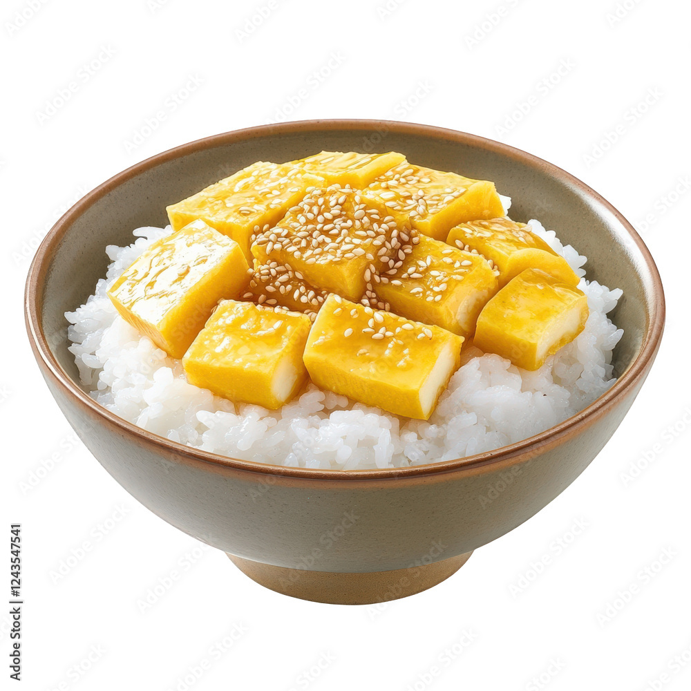 A bowl of rice topped with golden tamago slices, garnished with delicate sesame seeds, clean and simple cut-out style, transparent background, PNG A bowl of rice topped with golden tamago slices, garnished with delicate sesame seeds, clean and simple cut-out style, transparent background, PNG