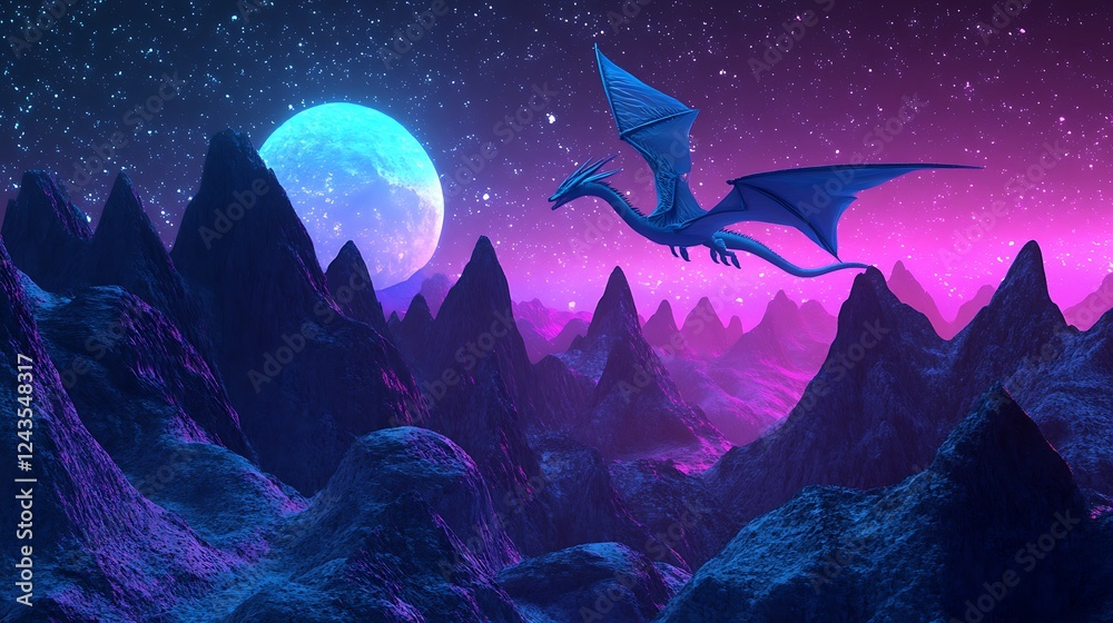 Fototapeta premium A holographic dragon flying over a digital landscape with neon mountains
