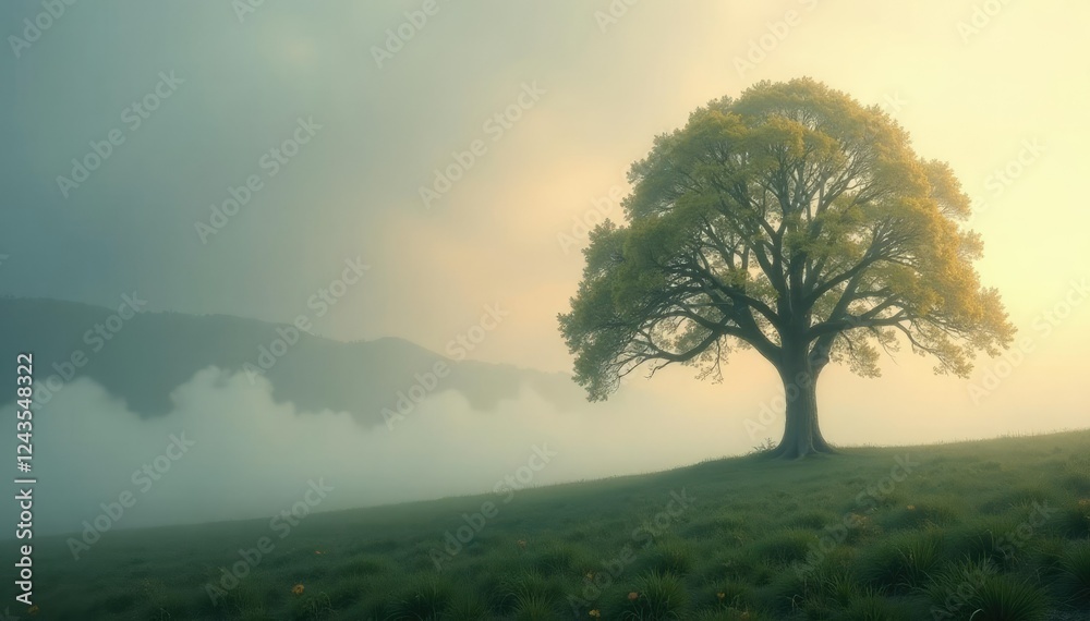Fototapeta premium Ethereal wisps of fog curl around a solitary tree, atmosphere, texture