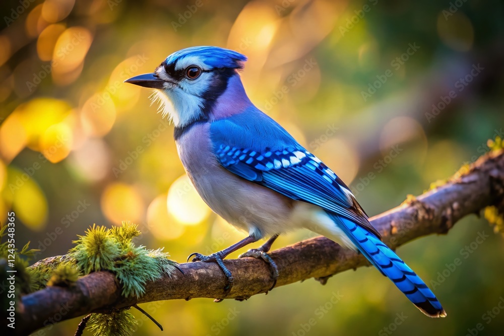 Majestic Blue Jay Bird Perched on Branch - Aerial View Stock Photo Majestic Blue Jay Bird Perched on Branch - Aerial View Stock Photo