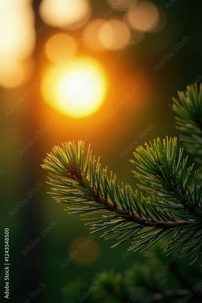 Gentle pine branch against warm golden sunset, tree, light Gentle pine branch against warm golden sunset, tree, light