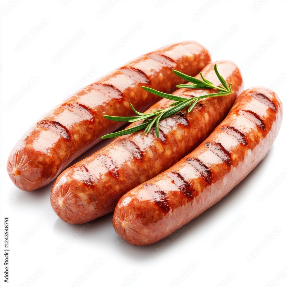 Grilled sausages with rosemary on a white background showcasing delicious smoky flavor and perfect texture Grilled sausages with rosemary on a white background showcasing delicious smoky flavor and perfect texture