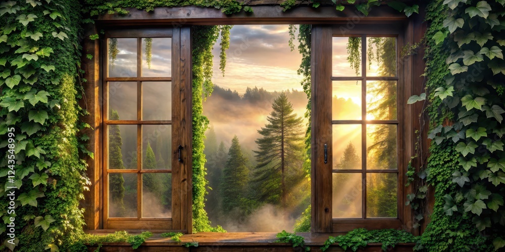 Obraz premium A serene wooden window with ivy climbing up the frame, overlooking a misty forest landscape at dawn, surrounded by tall trees and lush greenery, Peaceful Window, Forest Landscape