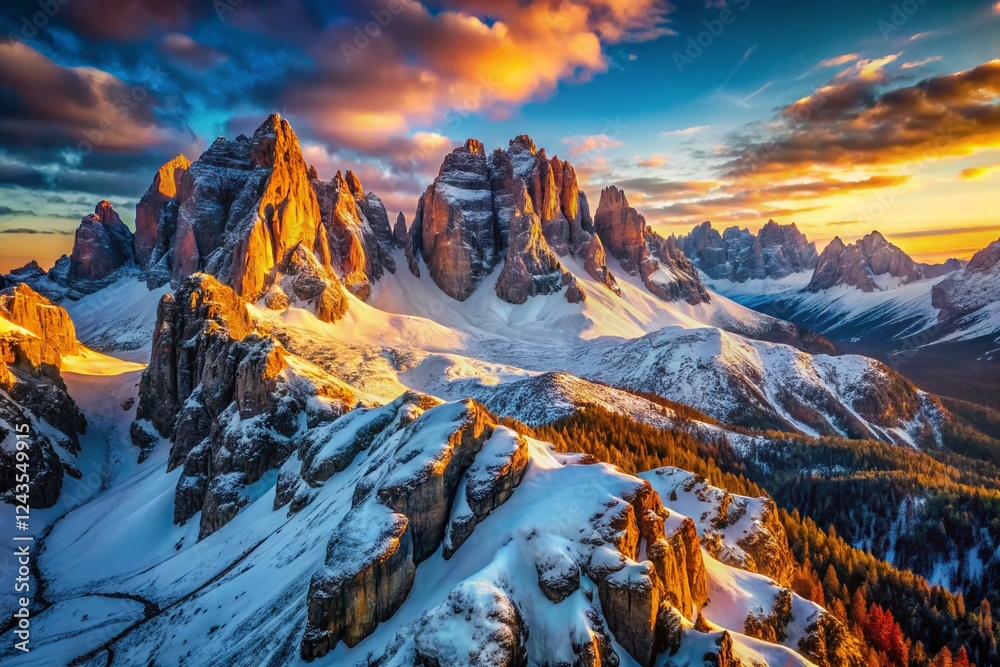 Obraz premium Majestic Dolomites Aerial View: Snow-Capped Peaks & Italian Alps Landscape