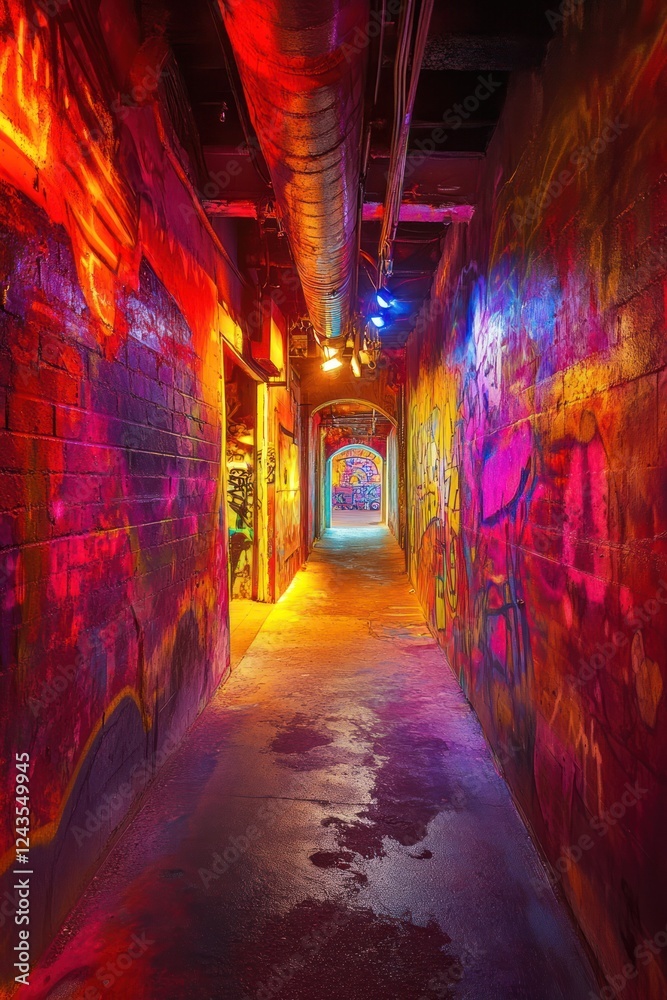 Fototapeta premium Colorful graffiti hallway, urban art, glowing lights, industrial background, nightlife