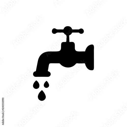 Black faucet with a waterdrops silhouette vector flat illustration design on white background.