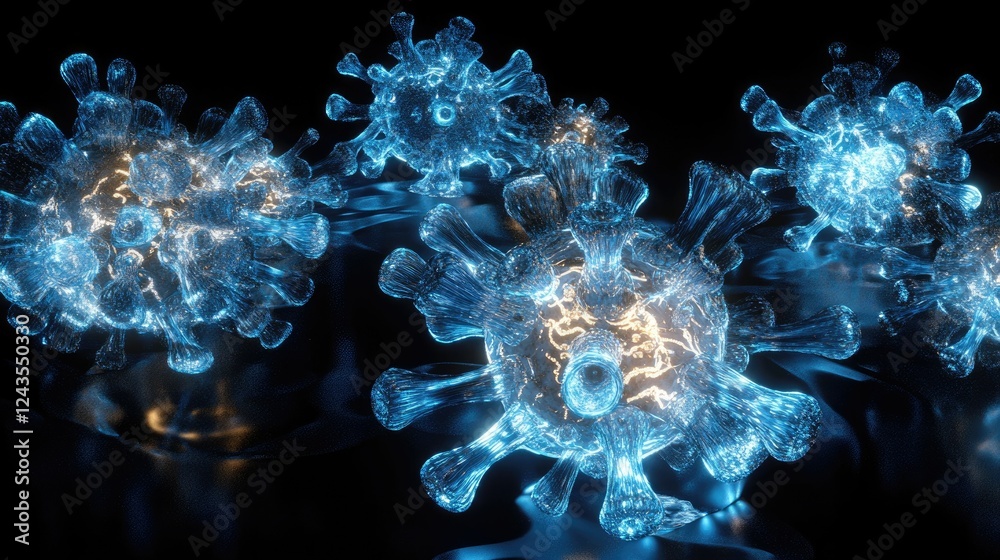 Obraz premium Blue Glowing Virus Model with Light Effects on Dark Background