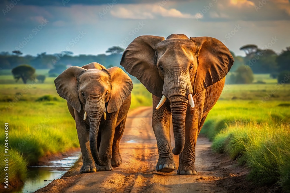 Fototapeta premium Majestic Elephants Trekking Through Mud, African Savanna Landscape
