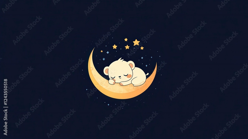 Fototapeta premium Cute Sleeping Bear on Crescent Moon with Stars in Dark Night Sky