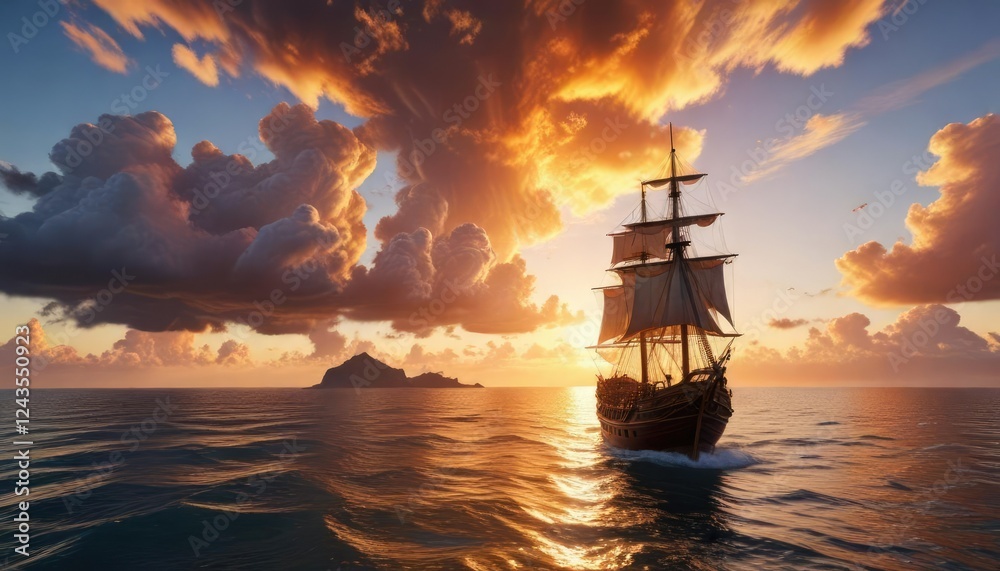 Obraz premium Un cielo dorado con atardecer rodeado por nubes pesadas y un gran barco pirata a la vista, sunset, cloudy, golden sky