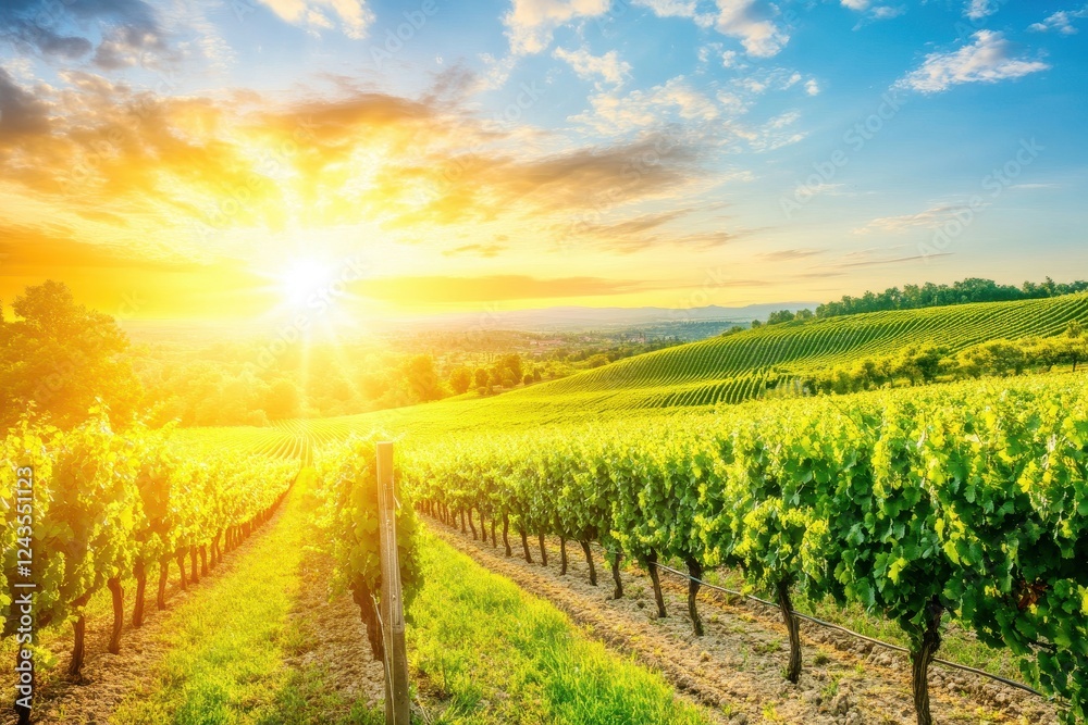 Naklejka premium Scenic Sunrise Over Vineyards in a Beautiful Green Landscape