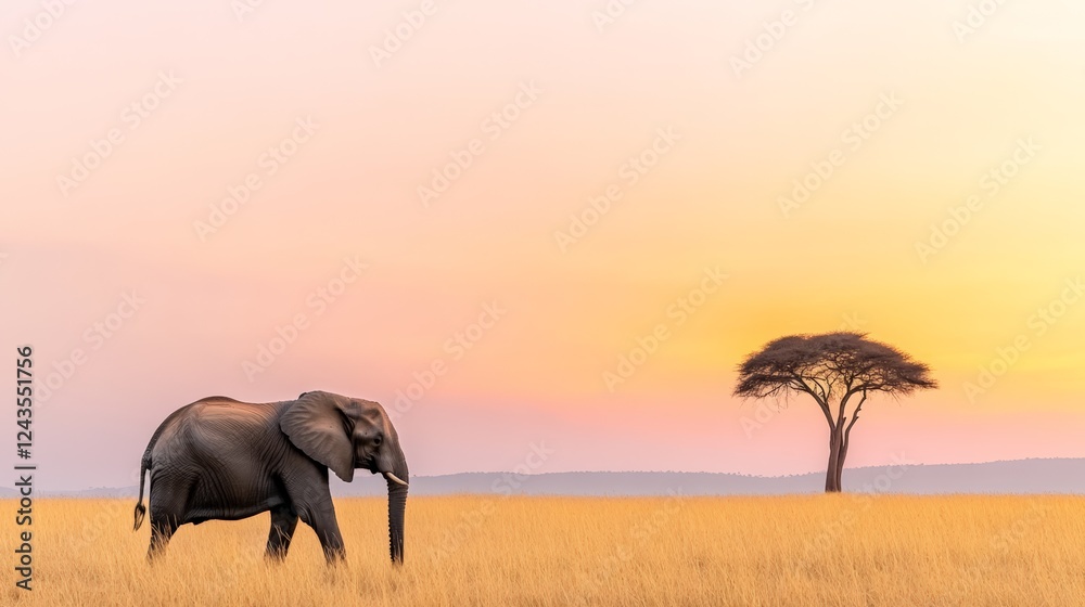 Fototapeta premium Majestic elephant walking gracefully through the savannah at sunset, with a stunning acacia tree silhouetted against a vibrant orange and pink sky, creating a serene atmosphere