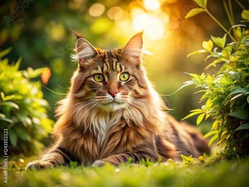 Majestic Maine Coon Cat Resting in Sunny Grass – Stock Photo