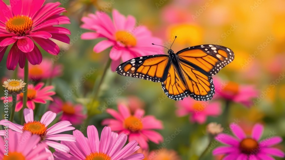 Vibrant petals of colorful flowers sway gently in the breeze as a monarch butterfly flutters by, its wings a stunning mosaic of orange and black, flower field, butterfly garden, black butterfly Vibrant petals of colorful flowers sway gently in the breeze as a monarch butterfly flutters by, its wings a stunning mosaic of orange and black, flower field, butterfly garden, black butterfly