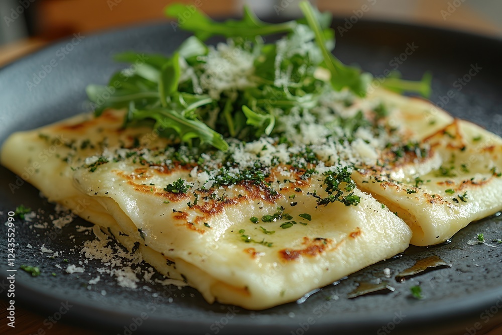 Grilled cheese-stuffed crepes garnished with fresh arugula, parmesan, and herbs. Served on a rustic plate, highlighting the rich, savory flavors and elegant presentation. Grilled cheese-stuffed crepes garnished with fresh arugula, parmesan, and herbs. Served on a rustic plate, highlighting the rich, savory flavors and elegant presentation.