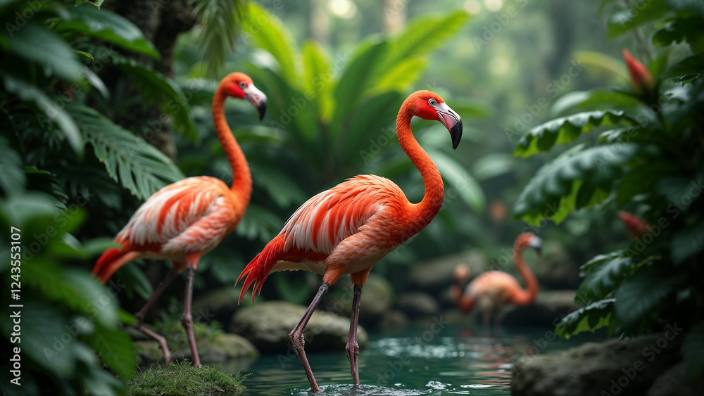 Colorful flamingos wade through lush tropical foliage in a serene oasis during the early morning hours Colorful flamingos wade through lush tropical foliage in a serene oasis during the early morning hours