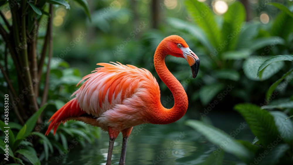 Fototapeta premium Colorful flamingos wade through lush tropical foliage in a serene oasis during the early morning hours