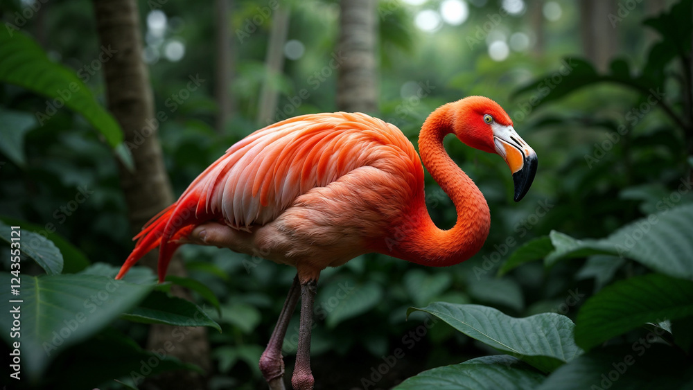 Obraz premium Colorful flamingos wade through lush tropical foliage in a serene oasis during the early morning hours