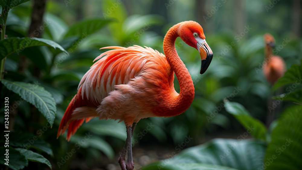 Fototapeta premium Colorful flamingos wade through lush tropical foliage in a serene oasis during the early morning hours