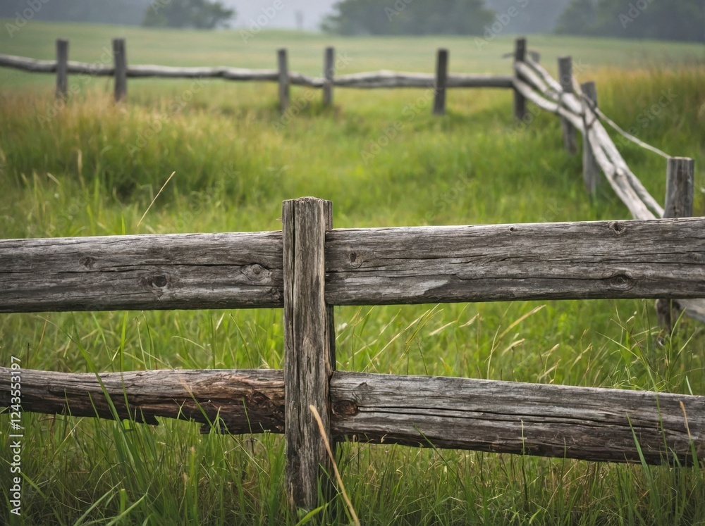 Low Wooden Fence in a Grassy Landscape Low Wooden Fence in a Grassy Landscape