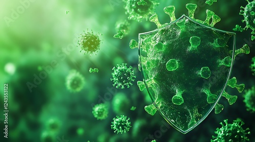 green virus background banner, macro view of green shield showing an antivirus symbol unwrapped from the surface of an isolated white background,  photo