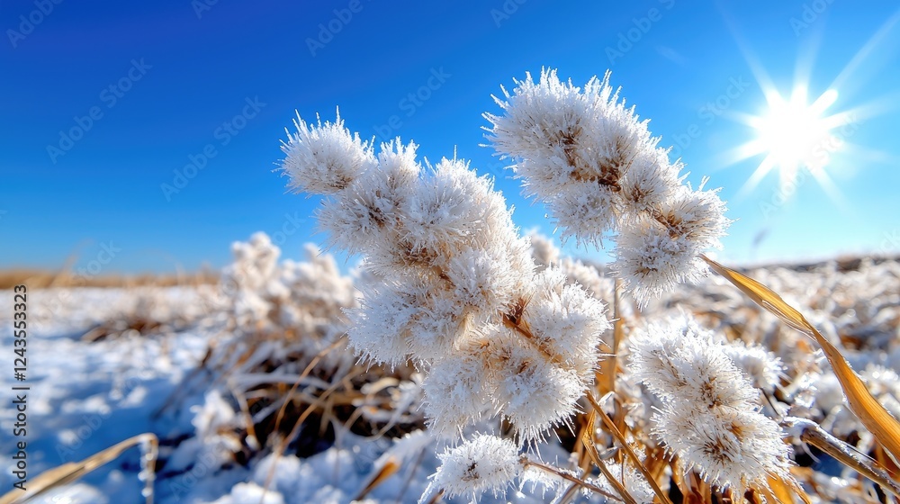 Frosty reeds in snowy field, bright sun. Winter nature scene Frosty reeds in snowy field, bright sun. Winter nature scene