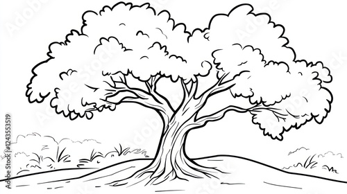 Majestic oak tree on a hill, simple background, nature illustration, coloring book page