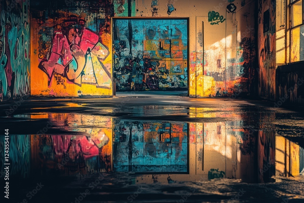 Graffiti-covered abandoned building interior reflecting in puddle; urban exploration photography Graffiti-covered abandoned building interior reflecting in puddle; urban exploration photography