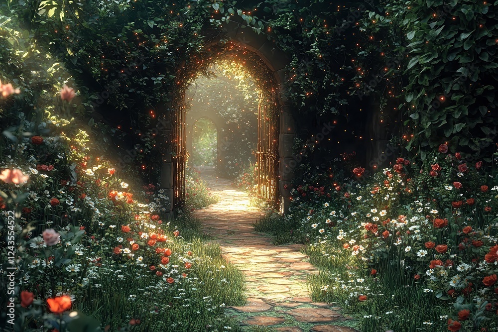 Obraz premium Whimsical floral fantasy with secret garden hidden behind golden gates ivy-covered archways leading to enchanted meadow of delicate wildflowers, shimmering fairy lights in foliage.