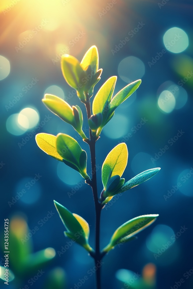 Obraz premium New Life, Vibrant Spring Green Leaves Soaking Up the Golden Sunlight, Nature Background.