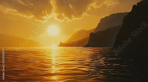 Golden Sunset Over Coastal Mountains And Calm Water