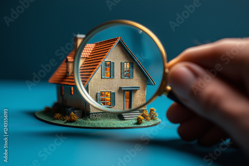 Someone Holding A Magnifying Glass Over A Miniature House, Sharp Focus On Homes And Gardens, Detailed Investigation. Generative Ai