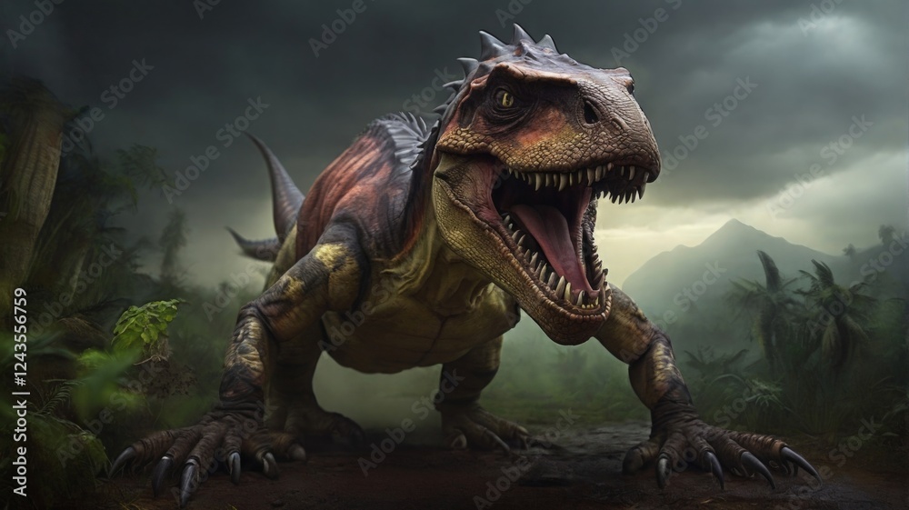 Fototapeta premium An angry dinosaur with an open mouth.