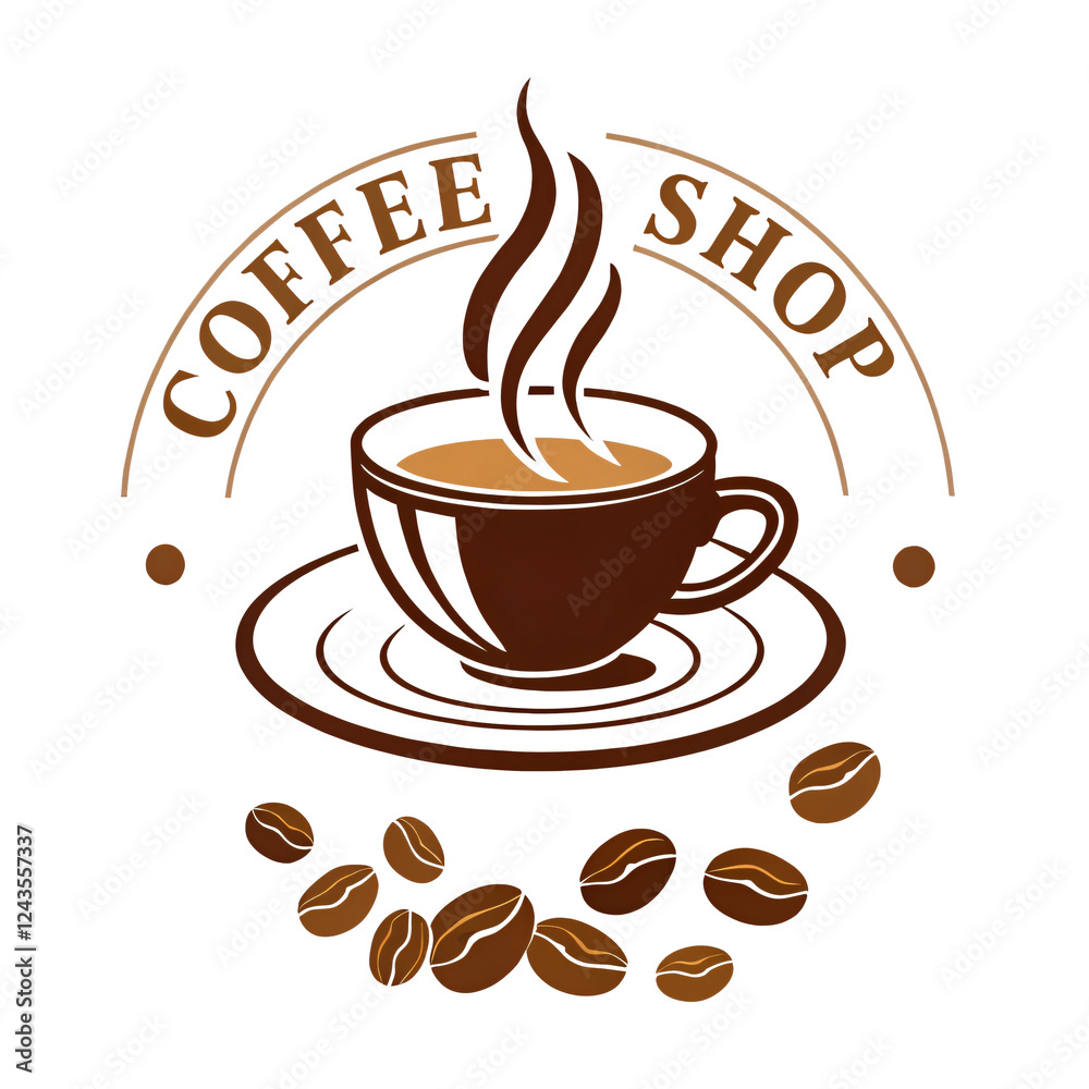 Obraz premium Coffee cup with beans on saucer, hot espresso drink with roasted aroma, brown and black coffee, perfect for a morning break