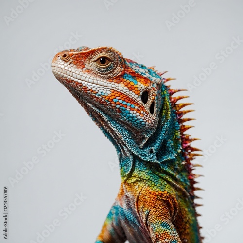 A close-up of a lizard with dazzling, multicoloured scales resting on a bright branch, isolated on a pure white background.