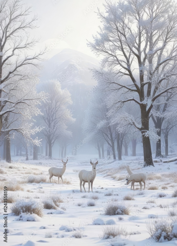 Fototapeta premium White deer family wandering through a snow-covered meadow, field, landscape, winter