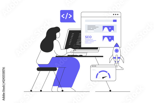 Search engine optimization for website ranking development. Digital marketing strategy. Website SEO analysis. Flat Cartoon Vector Illustration, icon. Stylish abstract 