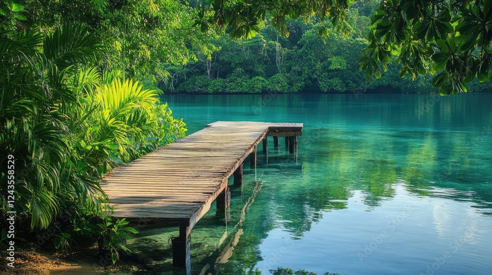 Obraz premium Wooden Dock Surrounded by Lush Greenery and Clear Water, Nature Scene