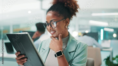 Wallpaper Mural Business, woman and smile with tablet in office for stock market analysis, investment strategy and budget planning. Professional, trader and happy with crypto review for trading profit and research Torontodigital.ca