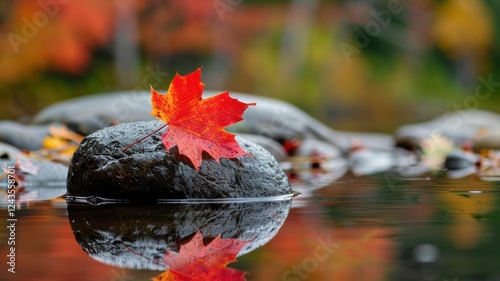 red autumn maple leaf close up on a stone in the forest with reflection in the water river lake stream pro photography photo