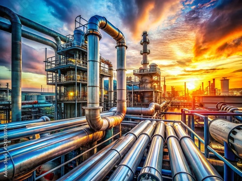 Melbourne Refinery Industrial Pipes & Tanks - Double Exposure Stock Photo photo