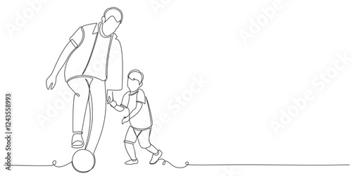 Fathers day line art style vector illustration, father and son playing football together line art illustration	